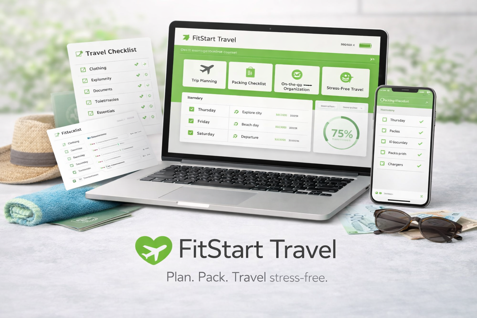 Digital travel planning course on laptop and smartphone showing itinerary, packing checklist and organization tools in a clean minimal environment - FitStart Travel