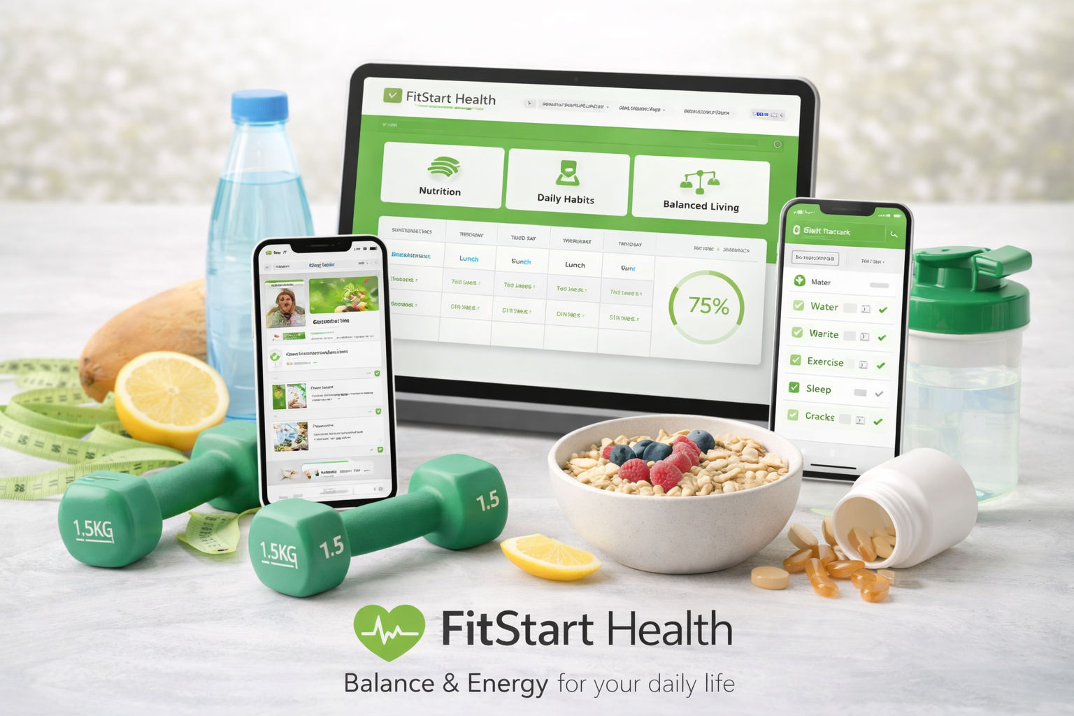 Digital health course with tablet and smartphone displaying nutrition plan, habit tracker and wellness dashboard in a clean modern setup - FitStart Health