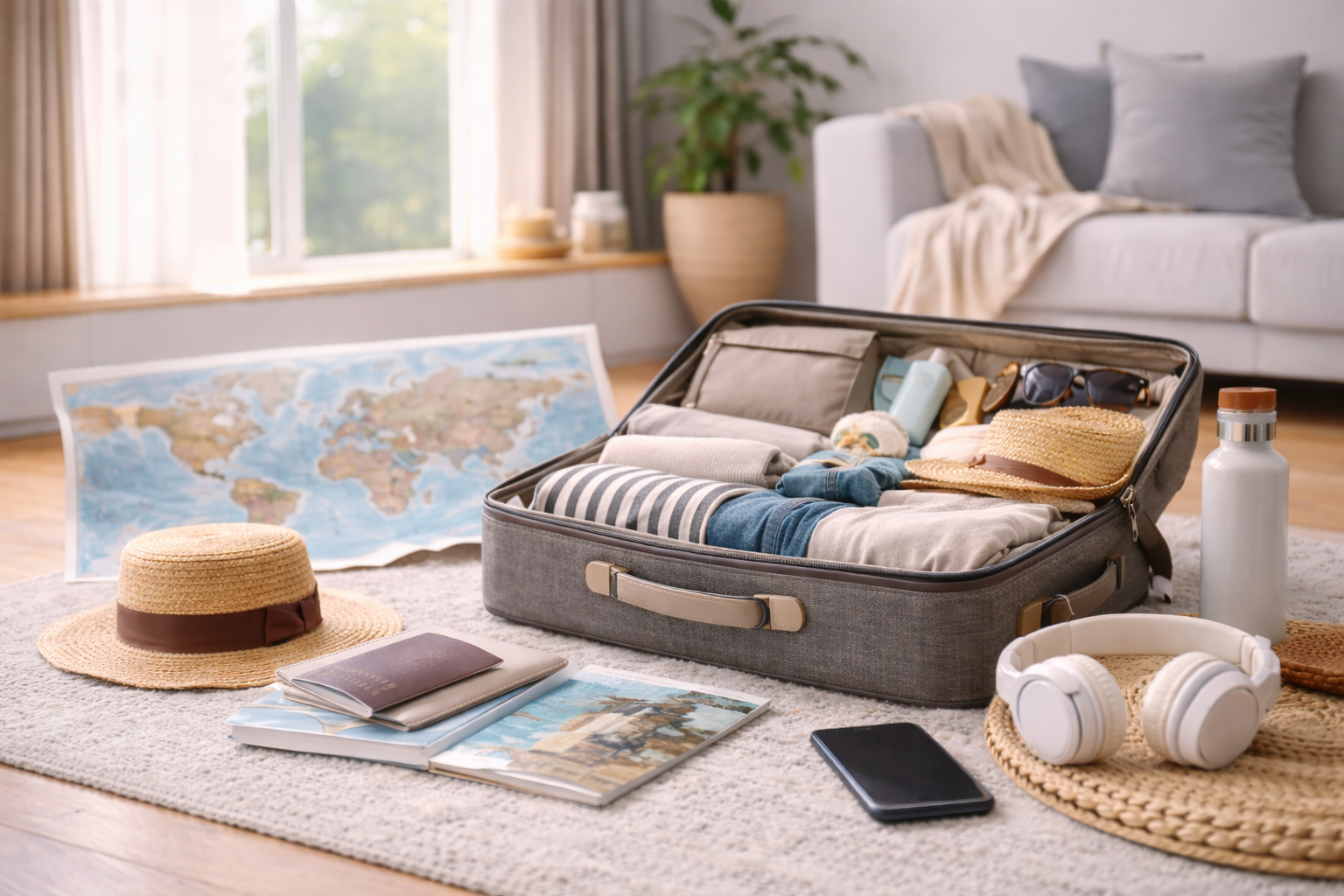 Offener Koffer mit ordentlich angeordneten Reise-Essentials im Wohnraum – entspannte und gut vorbereitete Reiseplanung