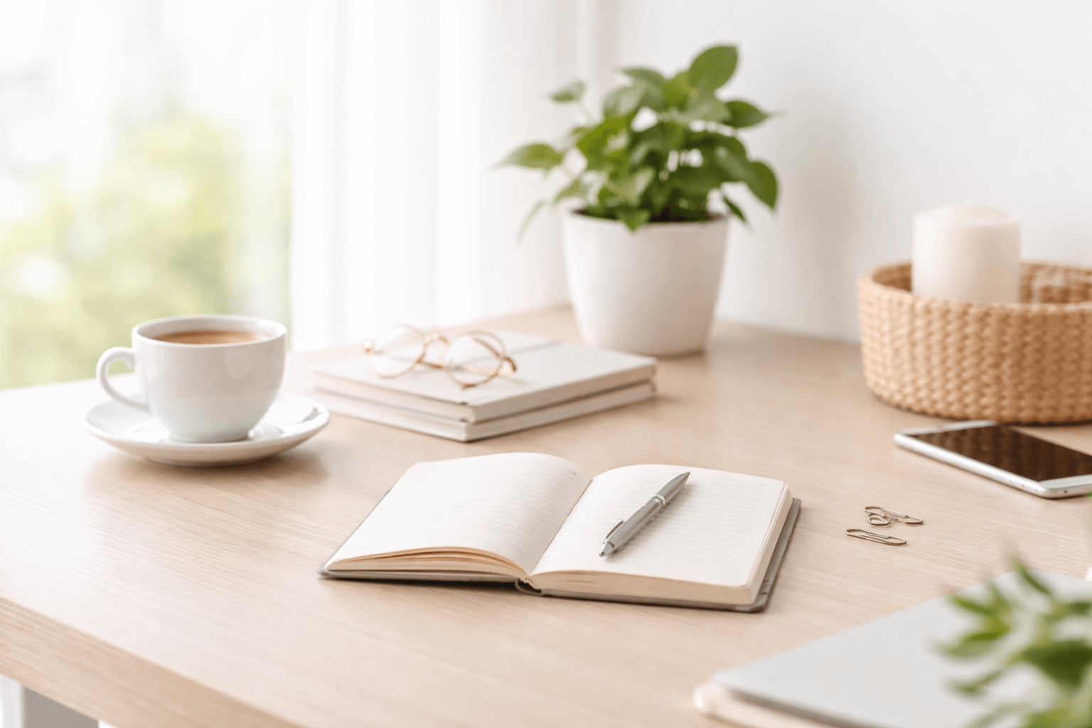Heller Schreibtisch mit offenem Notizbuch und Stift – FitStart FAQ, Antworten und Orientierung.
