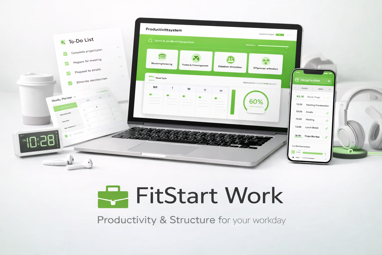 Digital productivity course on laptop and smartphone showing planner, task management dashboard and daily checklist in a clean minimalist workspace - FitStart Work