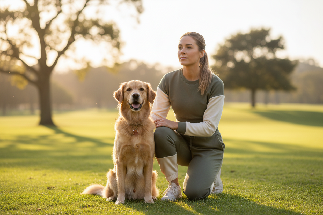 Frau sitzt mit Golden Retriever im Park – ruhige Situation mit Fokus auf Beziehung, Orientierung und entspannten Alltag mit Hund