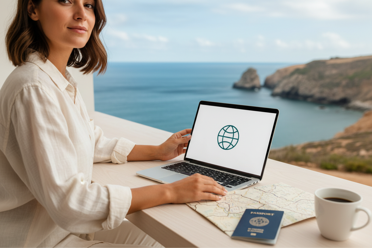 Frau arbeitet mit Laptop und Reisepass mit Blick aufs Meer – strukturierte und entspannte Reiseplanung unterwegs