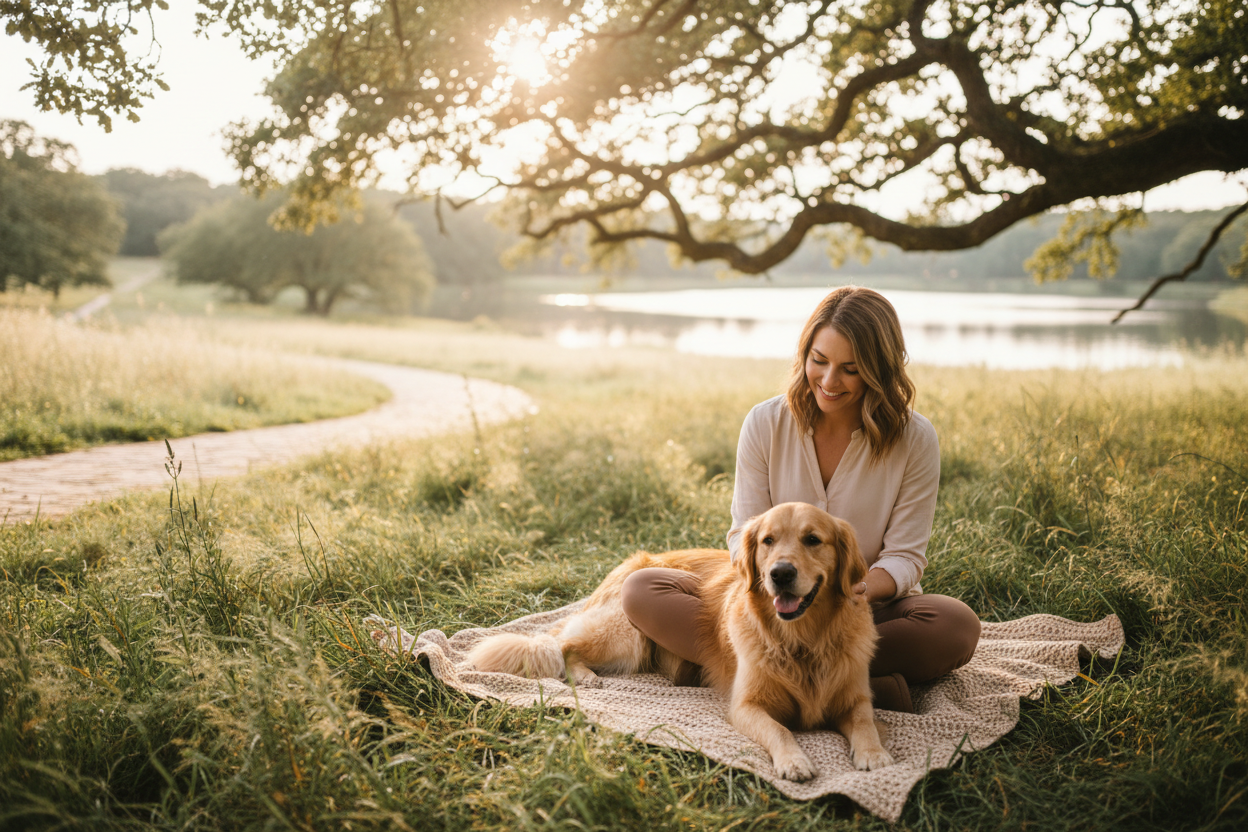 Hundetraining im Alltag – Frau entspannt mit ihrem Hund in der Natur als Beispiel für ruhige Routinen